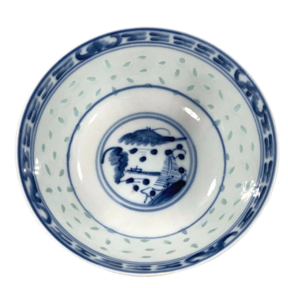 Chinese Rice Eye Grain Bowl Blue White Porcelain Spoon Set Translucent - Picture 4 of 11